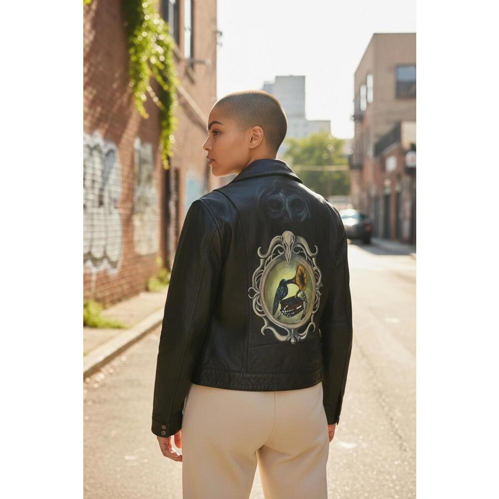 Custom Painted Raven & Gramophone Leather Jacket – Gothic Artwear Ti_the_Artiste